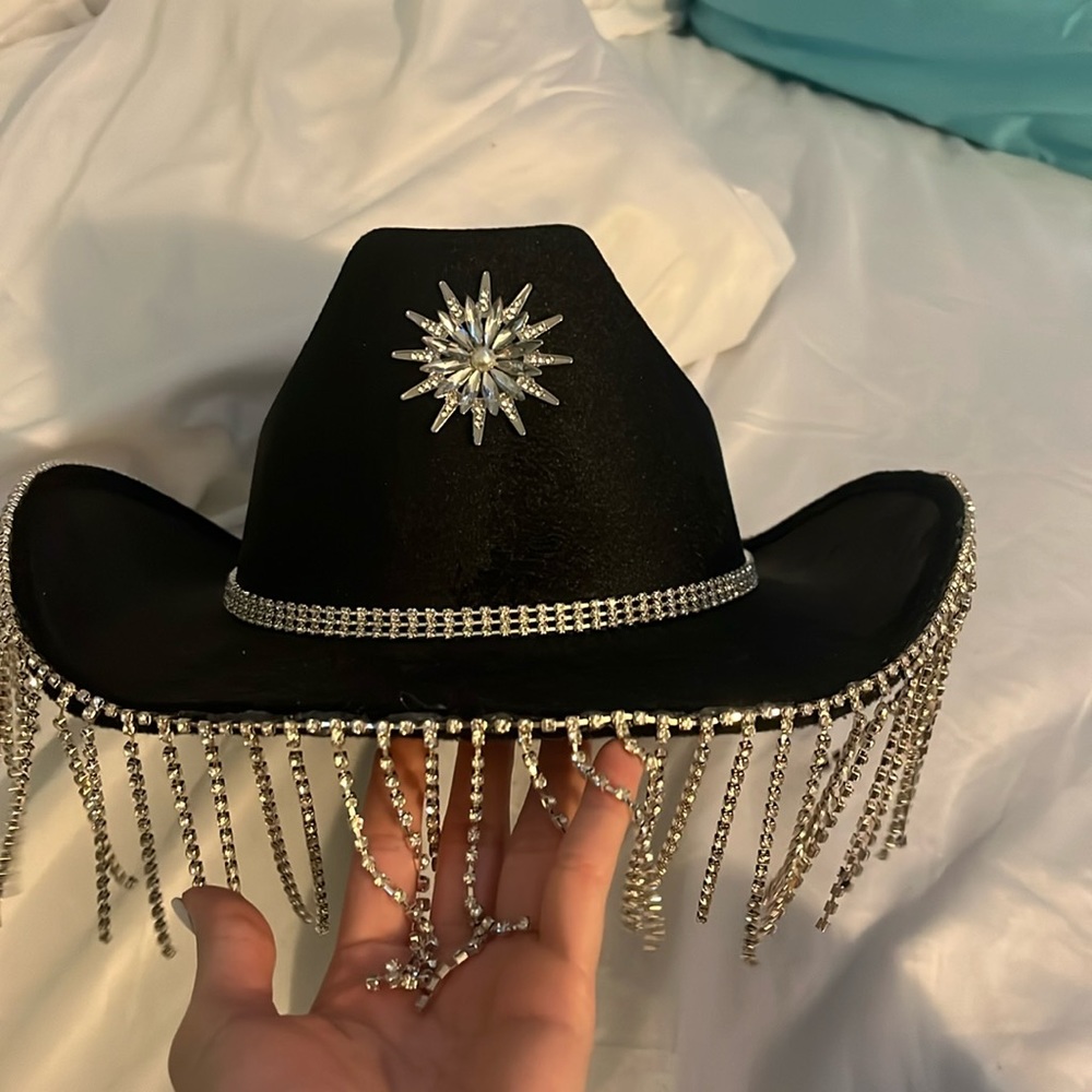 Rhinestone Fringe Black Cowboy Hat